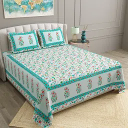 bella casa Blue Floral 180 TC Cotton 1 Double King Size Bedsheet with 2 Pillow Covers-picture-8