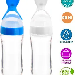 Infant Baby Squeezy Food Grade Silicone Bottle Feeder with Soft Silicon|Spoon Feeder|Ceralac Feeder|Rice Paste Milk Food Feeder 90 ML (Squeezy Feeder - Blue & White) (Pack of 2) - Silicone-13