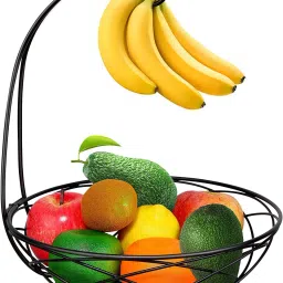 Fruit Bowl with Banana Hanger for Kitchen Counter with Holder - Black Chrome Steel Fruit & Vegetable Basket-14
