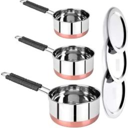 Stainless Steel Copper Base Sauce Pan Tea Pan, Milk Pan 3 Set Gas Compatible K1 4.3 inch, 5.9 inch, 6.6 inch Lid Set, Pack of 6-14