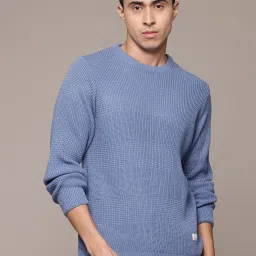 Men Solid Round Neck Blue Sweater-image-16
