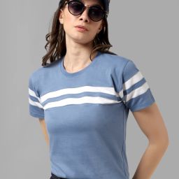 Striped Women Round Neck Pure Cotton Multicolor T-Shirt-image-30