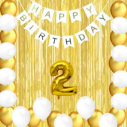 Solid Happy Birthday Balloons Decoration Kit 29 Pcs, 1 set of White "Happy Birthday" 13pcs alphabet Banner and 24pcs HD Metallic (White & Golden) and 3Pcs Golden Curtains with 1Pc Number Balloon for Kids Girl Birthday Balloons Decorations Items Combo with Happy Birthday Banner boy 1st Birthday Latex Metallic Balloons Balloon (Multicolor, Pack of 29)-image-55