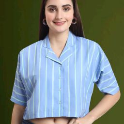 Women Regular Fit Striped Cut Away Collar Casual Shirt-image-3