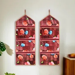 Pack of 2 Wall Hanging Wardrobe Organizer with 3 Pockets | Gulab Print -Maroon Accessories Organizer-image-49