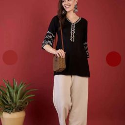 Casual Regular Sleeves Embroidered Women Black Top-image-20