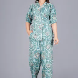 Women Night Suit Set Green Geometric Print-image-33