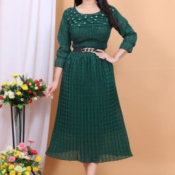 Women Asymmetric Dark Green Below Knee Dress-image-69
