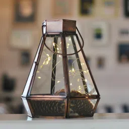 Metal & Glass Drop Hanging Lantern, Antique Copper, Small Brown Metal, Glass Hanging Lantern-picture-11