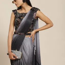 Grancy Women Black & Grey Ombre Effect Embroidered Detail Ready to Wear Saree-picture-6