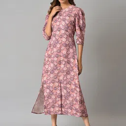 W Women Pink & Purple Floral Printed Keyhole Neck A-Line Pure Cotton Midi Dress-image-37
