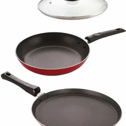 Nirlon Non-Stick Aluminium Cookware Set,(Flat Tawa|Tapper Pan|1 Glass Lid) Tawa 27 cm, 22 cm diameter with Lid-image-3