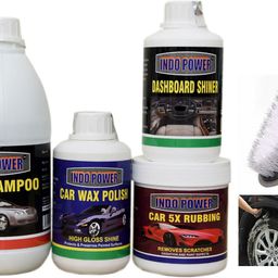 indopower DASHBOARD SHINER 250ml+ CAR 5X RUBBING POLISH 250ml+ CAR WAX POLISH 250ml+ CAR SHAMPOO 500ml+ scratch remover 100gm. +All Tyre Cleaning Brush Combo-picture-3