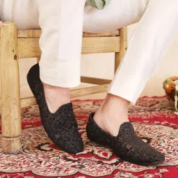 Floral Print Embellish Design Ethnic Wedding Pom Slip on Shoes Mojaris For Men-image-5