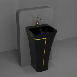 Premium Quality (FB :010 )Designer Ceramic Shining Black One Piece Wash Basin With Yellow Finishing Line One Piece Pedestal Basin-image-25