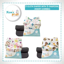 mom's pride Reusable Exclusive Cloth Diapers With Charcoal Inserts Pack of 3 (MultiColor) image 2