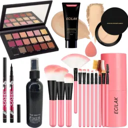 Rose gold Eyeshadow,12 Pcs Brush, Fixer, 36H, Face Powder, Puff, Foundation-14