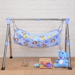 Fully Foldable Cradle with Round Frame, Indian Style Ghodiyu (Blue)-20