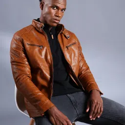 Men Solid Leather Jacket-image-2