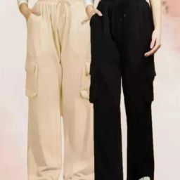 Pack of 2 Women Cargos Pants Women Regular Fit Black, Cream Cotton Blend Trousers-image-43