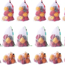 Vegetable Bag for Fridge Fruit Net Bag for Refrigerator Reusable Multipurpose Draw string Washable Storage Mesh Grocery Bag. Pack of 24 Grocery Bags-17