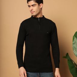 Men Solid Mandarin Neck Black Sweater-image-3