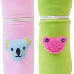 Soft Plush Stretchable Baby Feeding Bottle Cover Easy to Hold Strap and Zip | Suitable for 130 ML-250 ML Feeding Bottle-Green-Light Pink-image-81