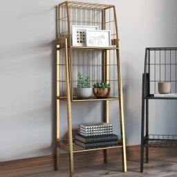 Industrial Gold Bookshelf with 3-Tier Basket Office Bookcase Metal Open Book Shelf-image-19