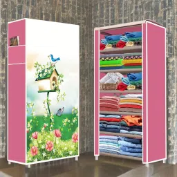 Bird Tree House Print Pink Wardrobe 6 Layer PP Collapsible Wardrobe-19