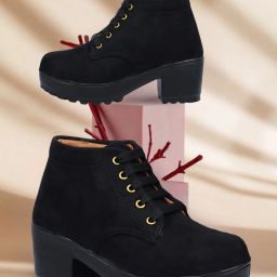 Women’s Suede-Textured Lace-Up Ankle Boots with White Block Heel – Casual Boots For Women-10
