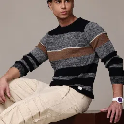 Men Striped Round Neck Green Sweater-image-56