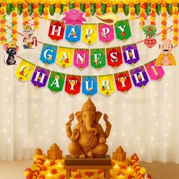 zyozi Multicolor Ganesh Chaturthi Decorations Set - Banner & Swirls Hangings (Pack of 7)-picture-21
