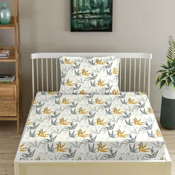 Trance Home Linen Grey & Yellow Floral Printed 180 TC Fitted Cotton Single Bedsheet Set-2