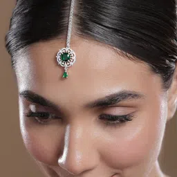 Rubans Rhodium-Plated Emerald Green & Cubic Zirconia Studded Maang Tikka-15