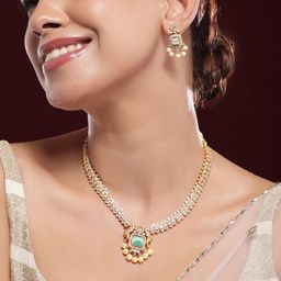 Rubans 22K Gold-Plated Aqua AD & White CubicZirconia Studded Jewellery Set with Pearl Drop-34