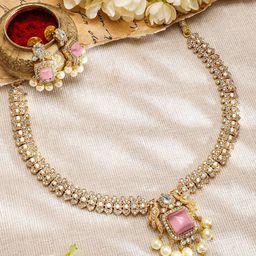 Rubans 22K Gold-Plated Pink AD & White CubicZirconia Studded Jewellery Set with Pearl Drop-20