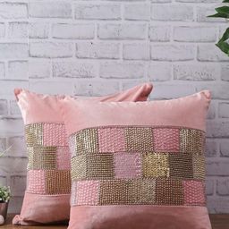 eyda Peach-Coloured & Gold-Toned 2 Pieces Velvet Embellished Velvet Square Cushion Covers-3