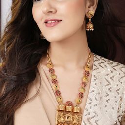 Rubans 24K Gold-Plated Pink & Off-White Ruby-Studded & Beaded Handcrafted Jewellery Set-56