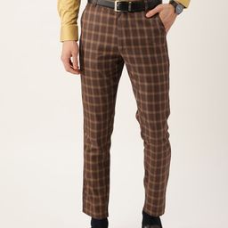 SOJANYA Men Coffee Brown & Beige Smart Fit Checked Crop Trousers-picture-16