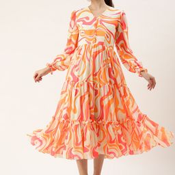 Ethnovog Abstract Printed Puff Sleeve Georgette Fit & Flare Midi Dress-10