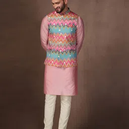 KISAH Mandarin Collar Straight Kurta & Trousers With Printed Nehru Jacket Set-picture-50