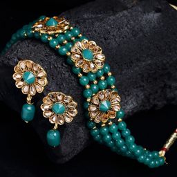 PANASH Gold-Plated & Green Stone-Studded & Beaded Handcrafted Jewellery Set-image-54