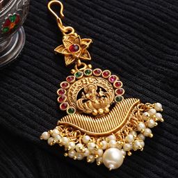 PANASH Gold-Plated White & Green Stone-Studded & Pearl Beaded Maang Tikka-image-13