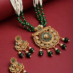 PANASH Gold-Plated Green & White Stone-Studded & Pearl-Beaded Jewellery Set-6