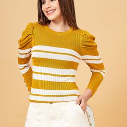 Honey by Pantaloons Women Mustard & White Cable Knit Striped Pullover-image-97