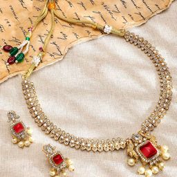 Rubans 22K Gold-Plated Ruby Red & White CubicZirconia Studed Jewellery Set with Pearl Drop image 3