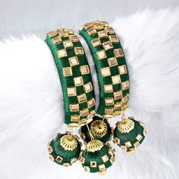Peora Set of 2 Green Gold-Plated Handcrafted Kundan Studded Bangles with Jhumka Danglers-49