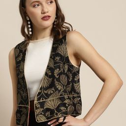 Shae by SASSAFRAS Women Black & Golden Ethnic Motifs Jacquard Waist Coat-image-24