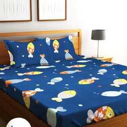 Home Sizzler Navy Blue Printed Cotton Fitted 210 TC King Bedsheet With 2 Pillow Covers-image-81