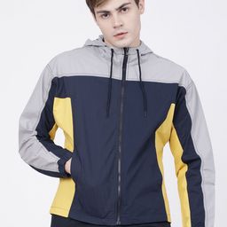LOCOMOTIVE Men Navy Blue & Grey Colourblocked Hooded Tailored Cotton Jacket-image-42